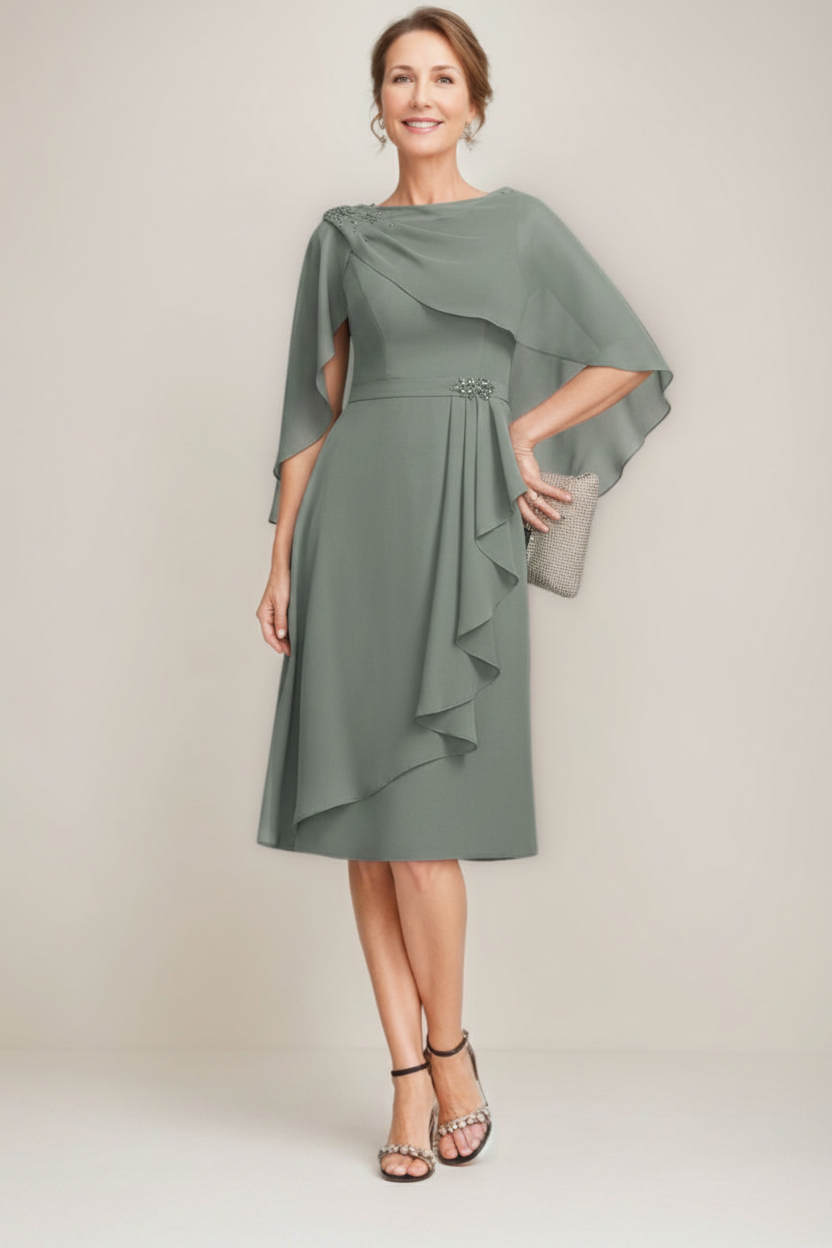 Sheath/Column Jewel Neck Tea-Length Mother Of The Bride Dresses with Detachable Cape & Ruffles & Beads