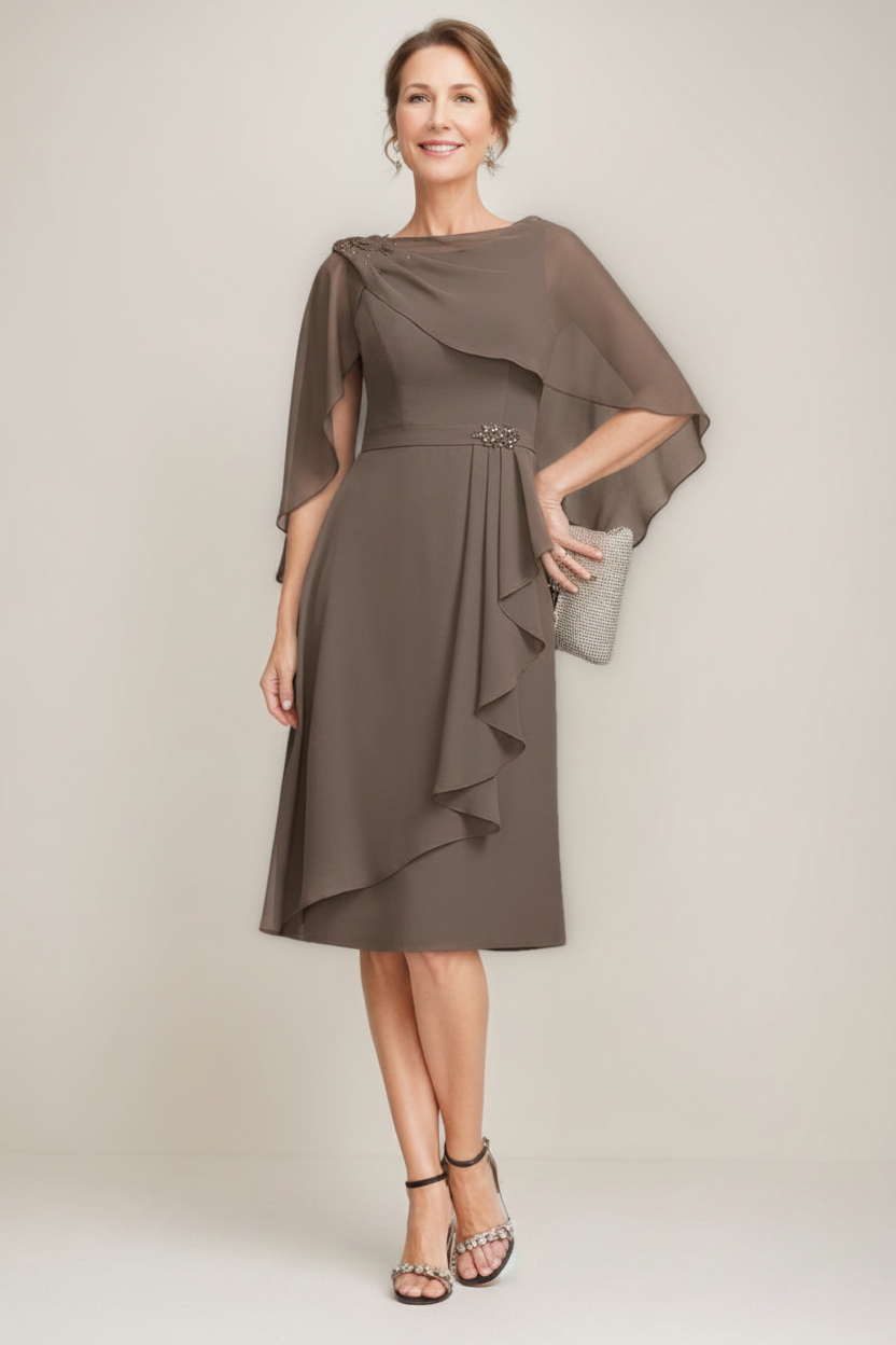 Sheath/Column Jewel Neck Tea-Length Mother Of The Bride Dresses with Detachable Cape & Ruffles & Beads