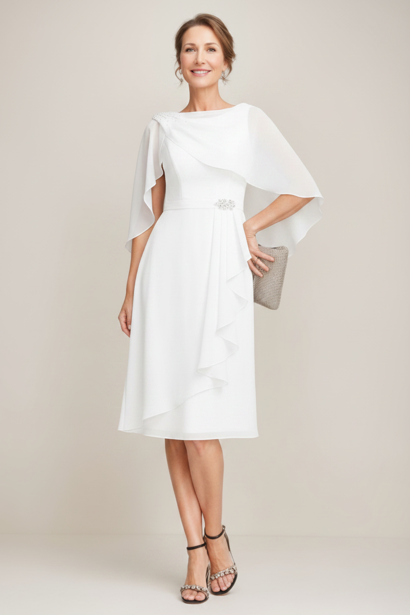 Sheath/Column Jewel Neck Tea-Length Mother Of The Bride Dresses with Detachable Cape & Ruffles & Beads