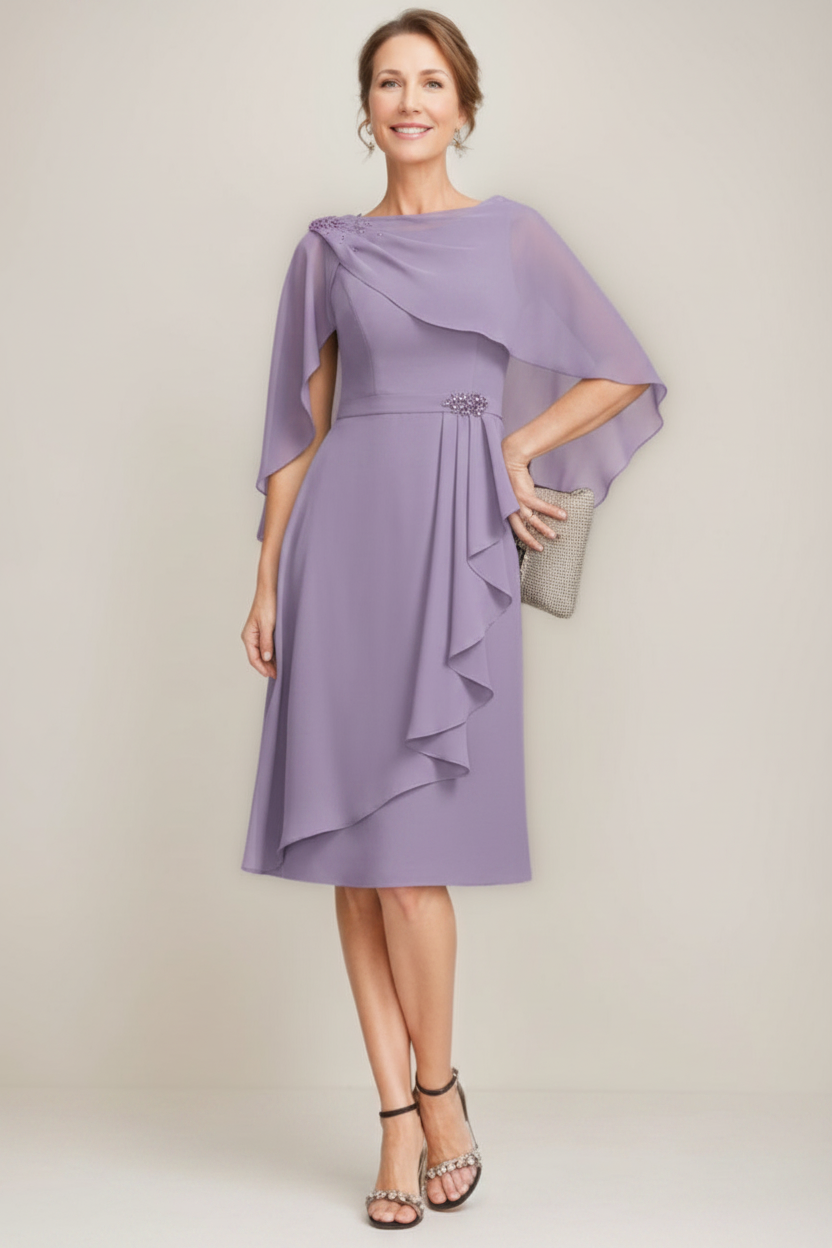 Sheath/Column Jewel Neck Tea-Length Mother Of The Bride Dresses with Detachable Cape & Ruffles & Beads