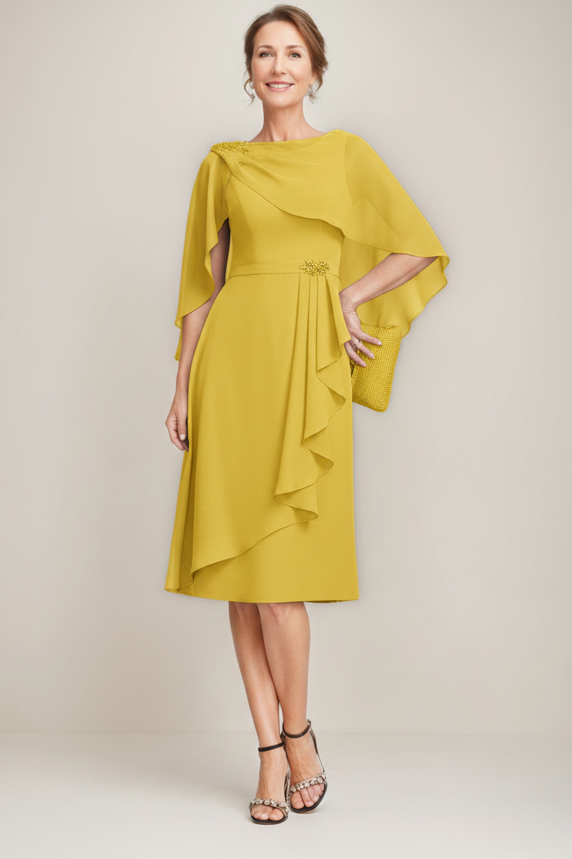 Sheath/Column Jewel Neck Tea-Length Mother Of The Bride Dresses with Detachable Cape & Ruffles & Beads
