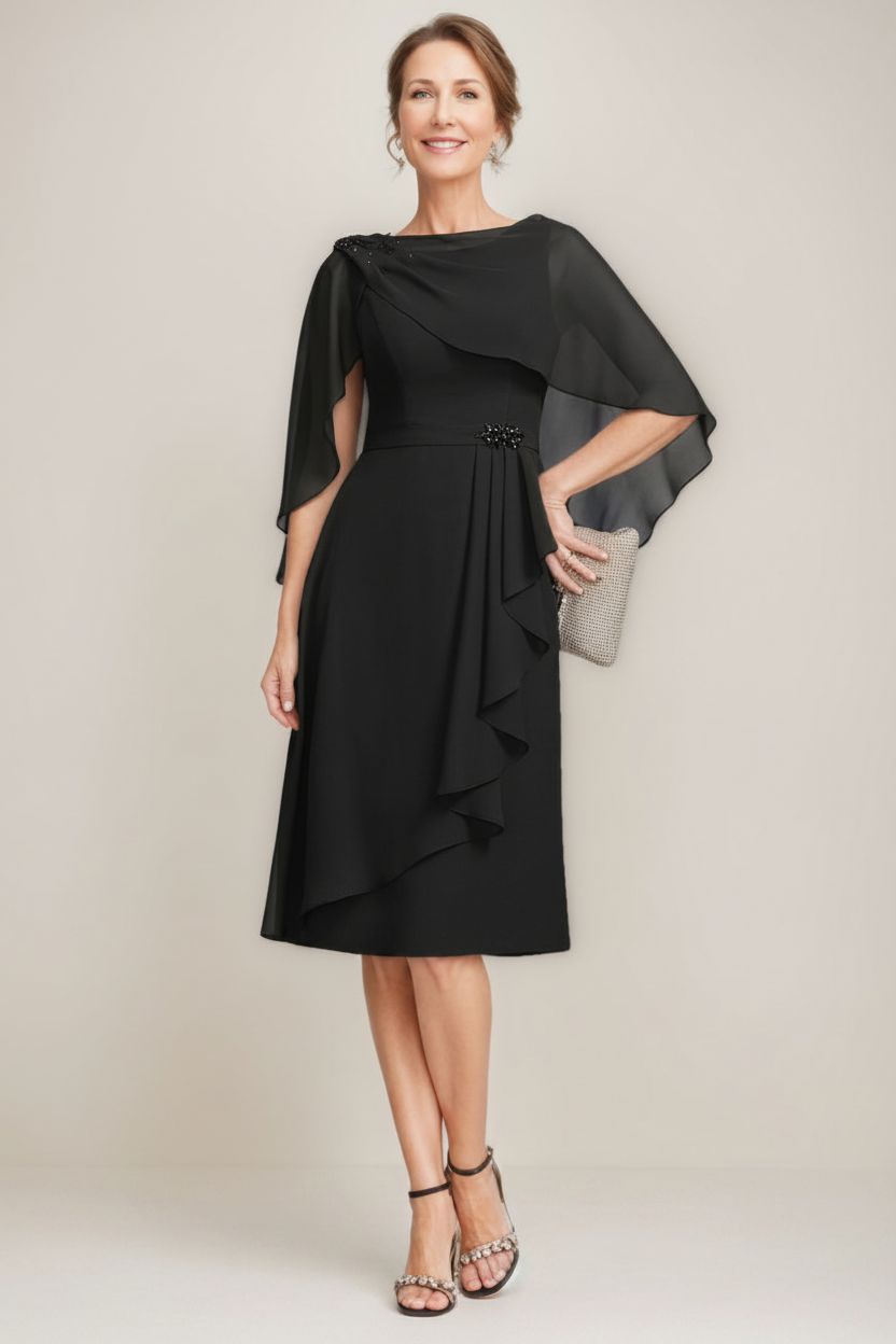 Sheath/Column Jewel Neck Tea-Length Mother Of The Bride Dresses with Detachable Cape & Ruffles & Beads