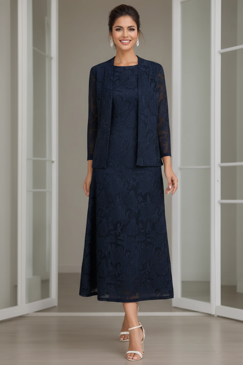 Sheath/Column Jewel Neck Tea-Length Rose Lace Applique Mother of the Bride Dresses with Jacket
