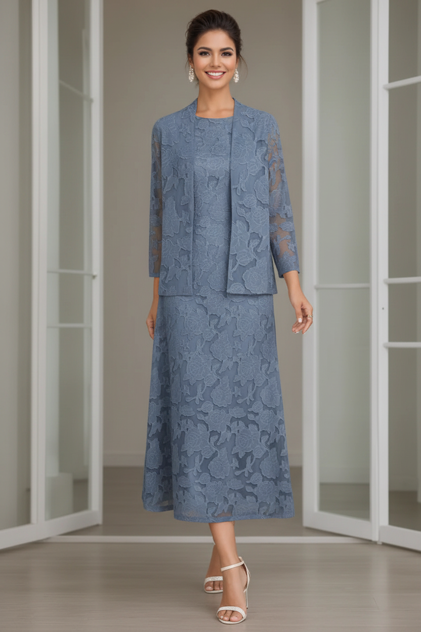 Sheath/Column Jewel Neck Tea-Length Rose Lace Applique Mother of the Bride Dresses with Jacket