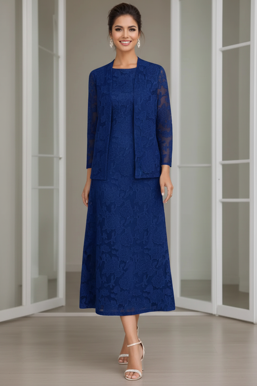 Sheath/Column Jewel Neck Tea-Length Rose Lace Applique Mother of the Bride Dresses with Jacket