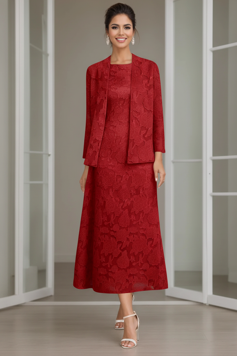 Sheath/Column Jewel Neck Tea-Length Rose Lace Applique Mother of the Bride Dresses with Jacket