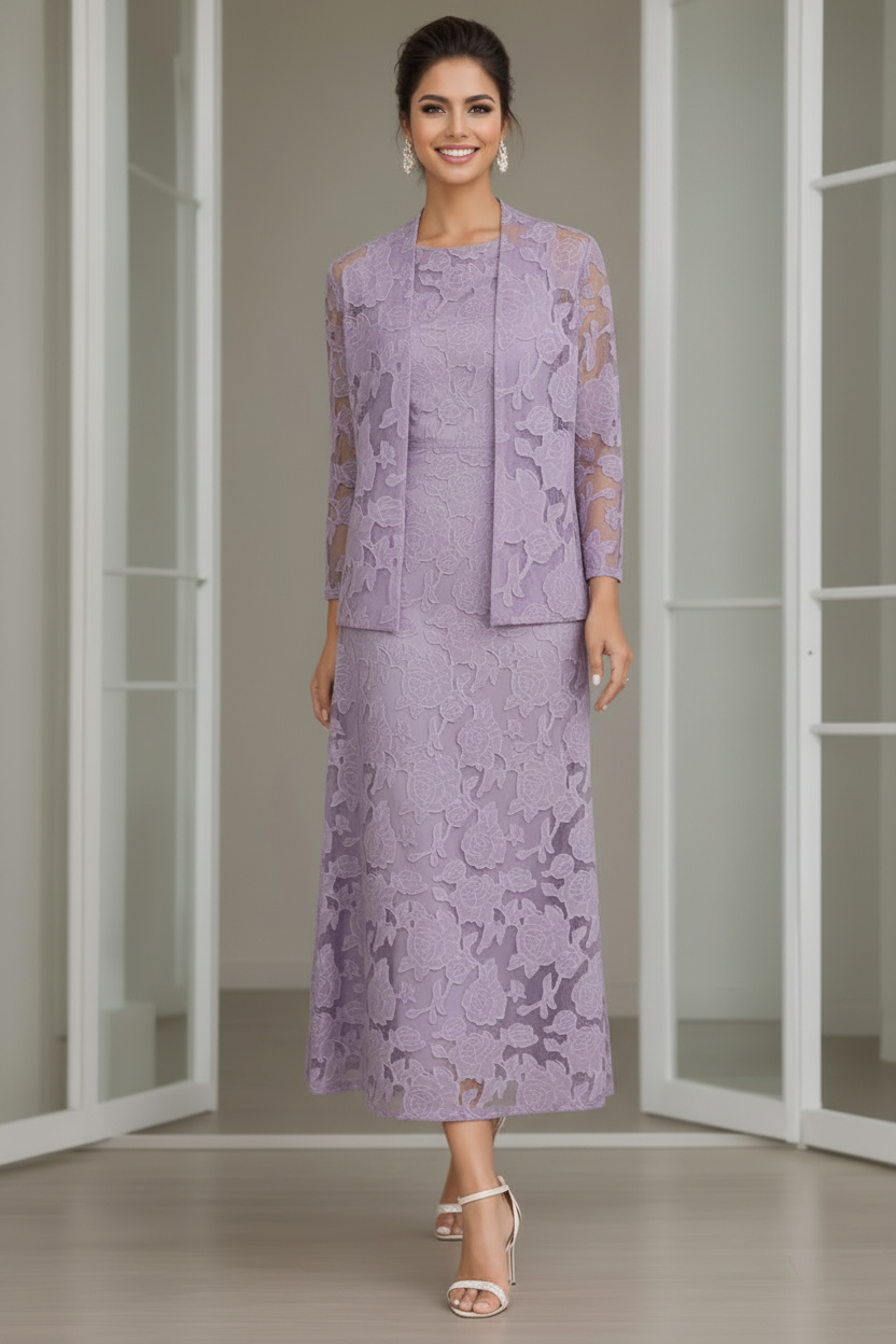 Sheath/Column Jewel Neck Tea-Length Rose Lace Applique Mother of the Bride Dresses with Jacket