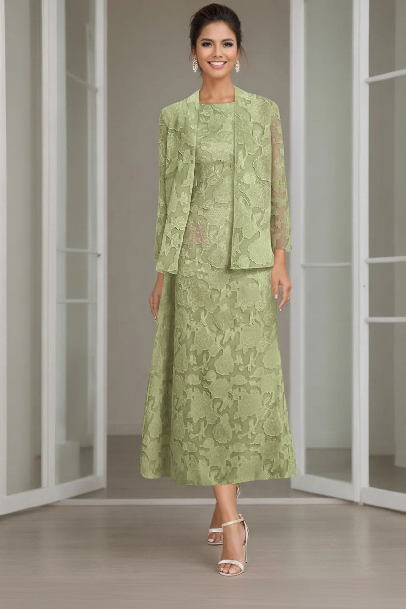 Sheath/Column Jewel Neck Tea-Length Rose Lace Applique Mother of the Bride Dresses with Jacket