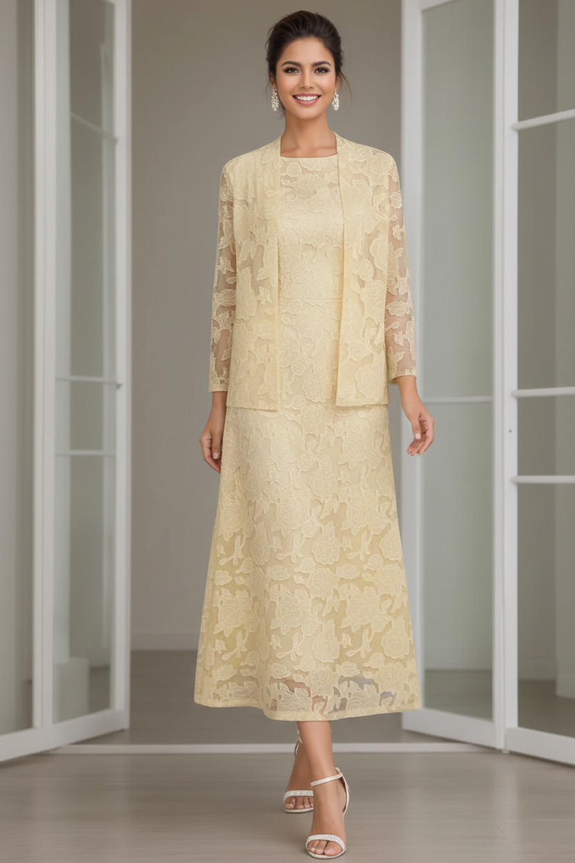 Sheath/Column Jewel Neck Tea-Length Rose Lace Applique Mother of the Bride Dresses with Jacket