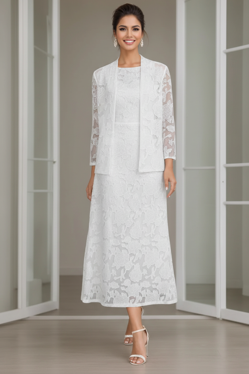 Sheath/Column Jewel Neck Tea-Length Rose Lace Applique Mother of the Bride Dresses with Jacket