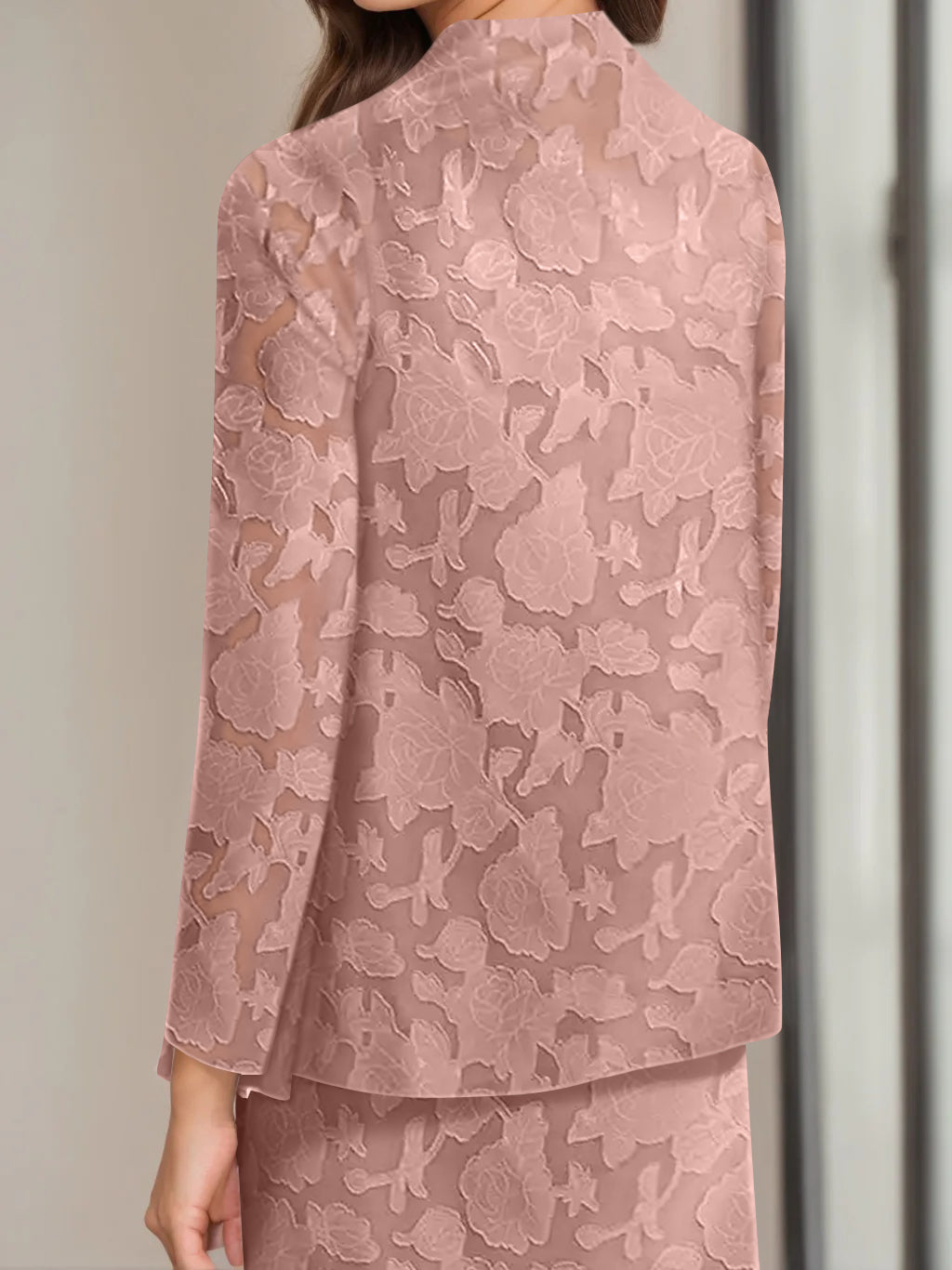 Sheath/Column Jewel Neck Tea-Length Rose Lace Applique Mother of the Bride Dresses with Jacket