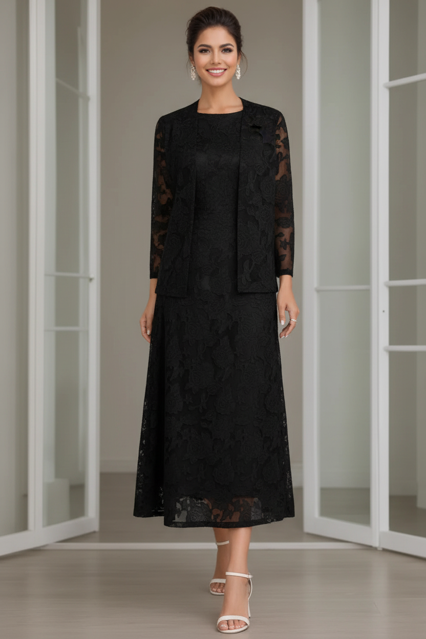 Sheath/Column Jewel Neck Tea-Length Rose Lace Applique Mother of the Bride Dresses with Jacket
