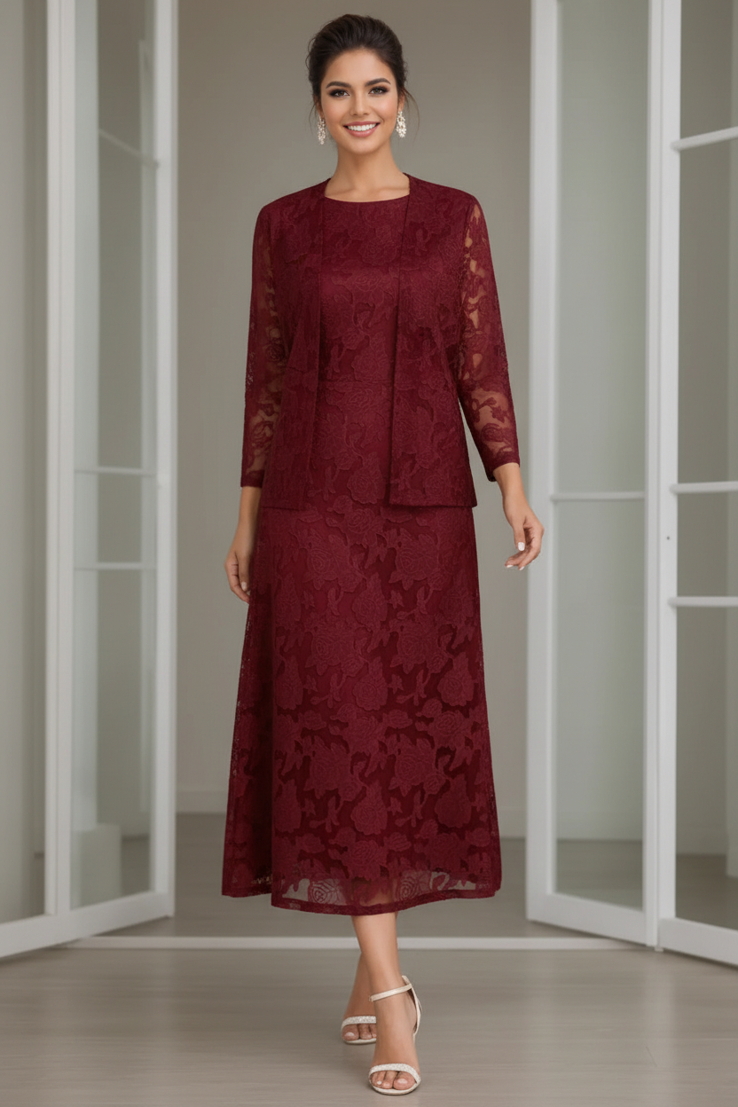 Sheath/Column Jewel Neck Tea-Length Rose Lace Applique Mother of the Bride Dresses with Jacket
