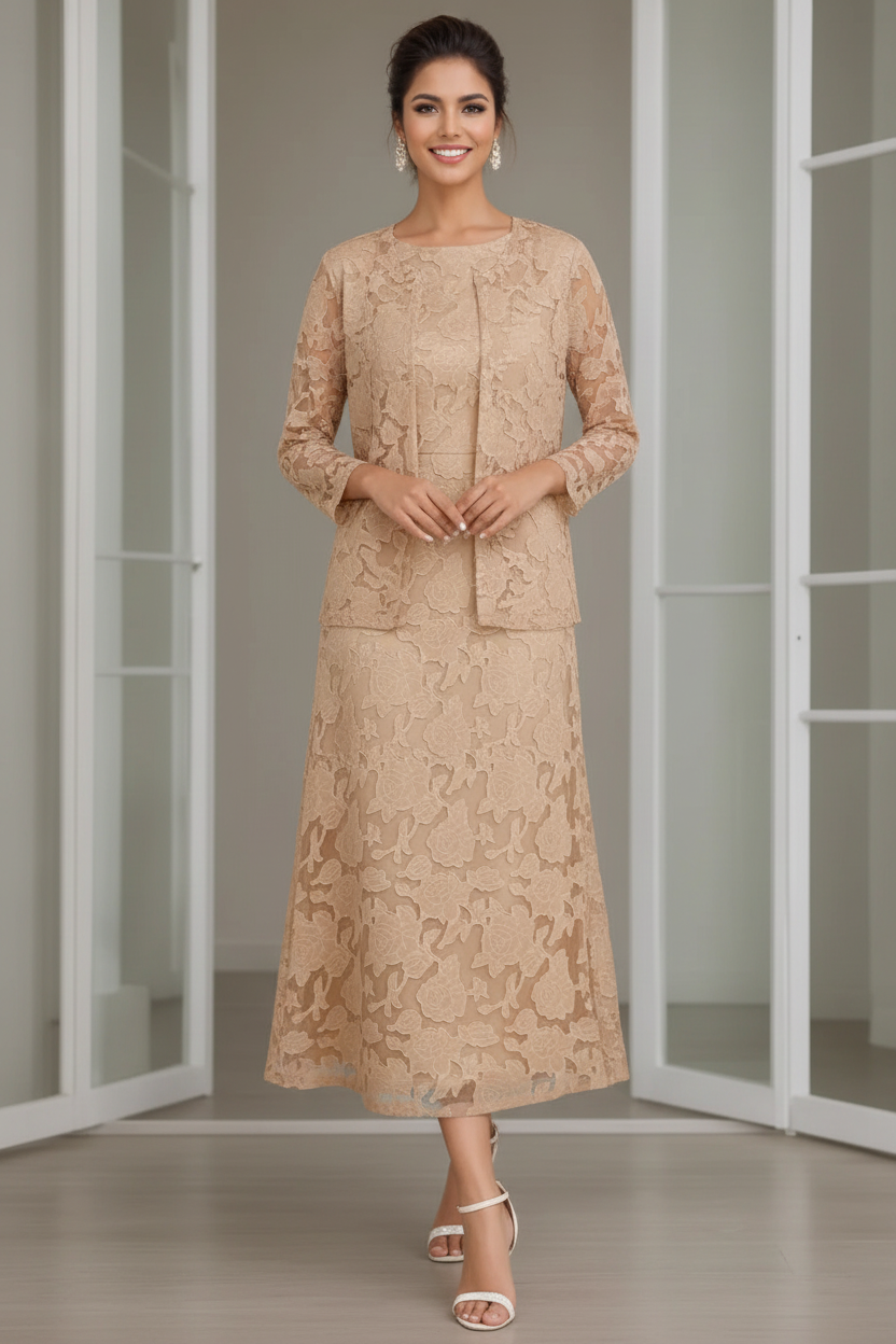Sheath/Column Jewel Neck Tea-Length Rose Lace Applique Mother of the Bride Dresses with Jacket