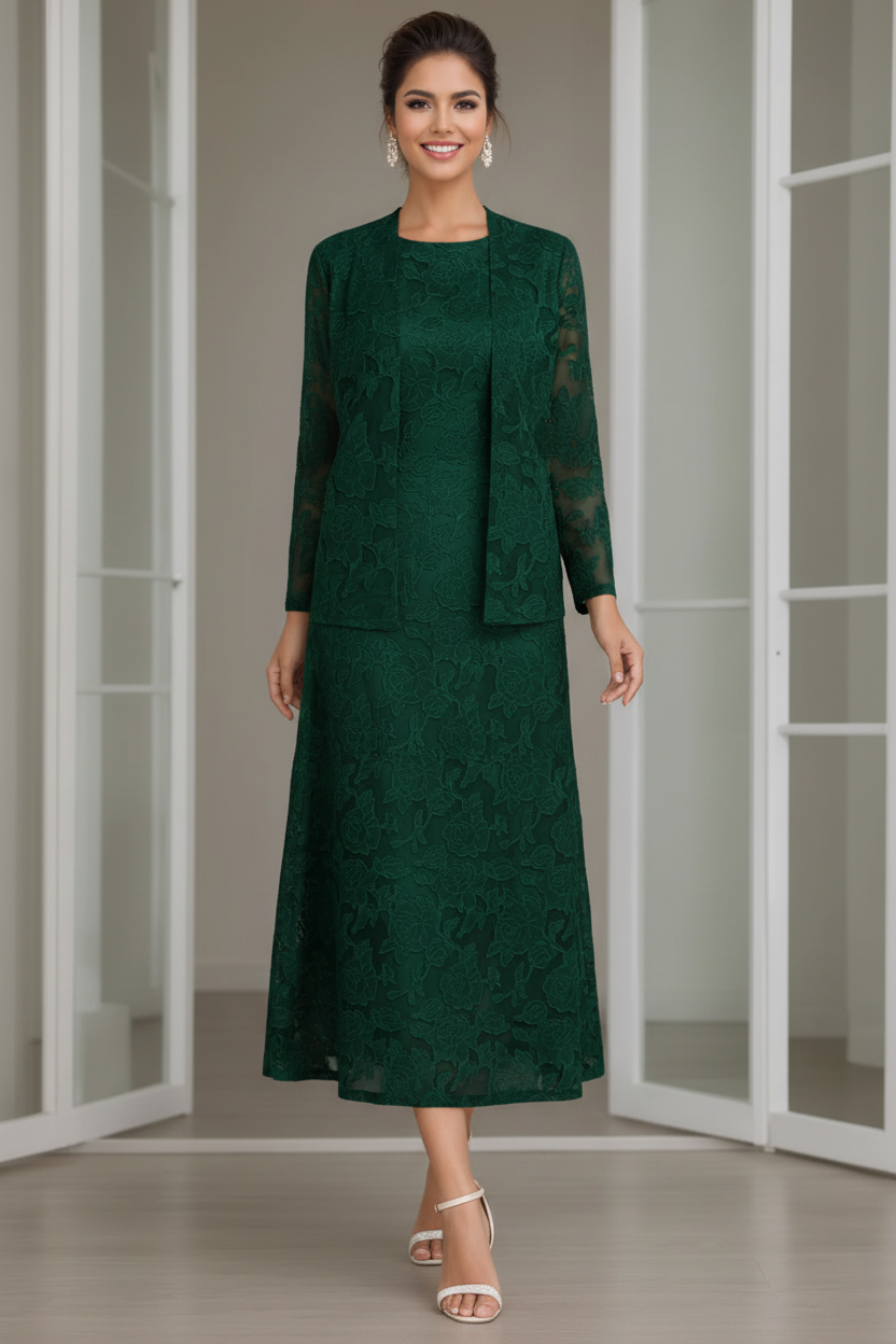 Sheath/Column Jewel Neck Tea-Length Rose Lace Applique Mother of the Bride Dresses with Jacket