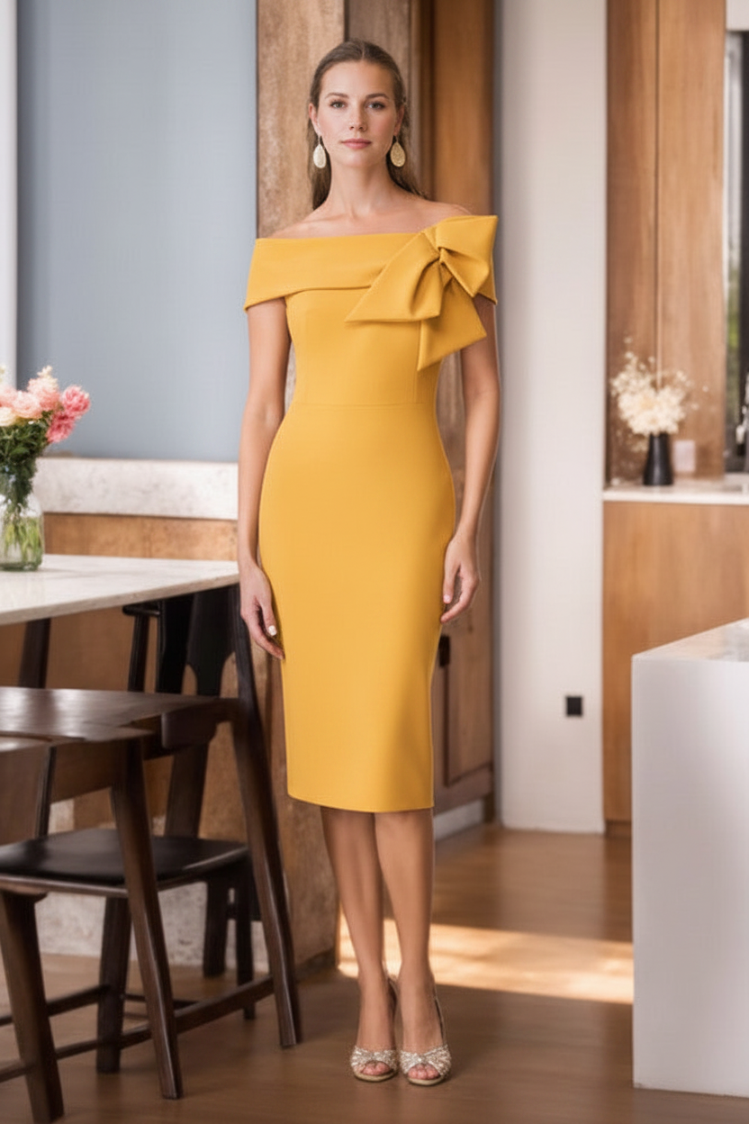 Sheath/Column Off-The-Shoulder Sleeveless Knee-length Mother of the Bride Dresses with Bowknot