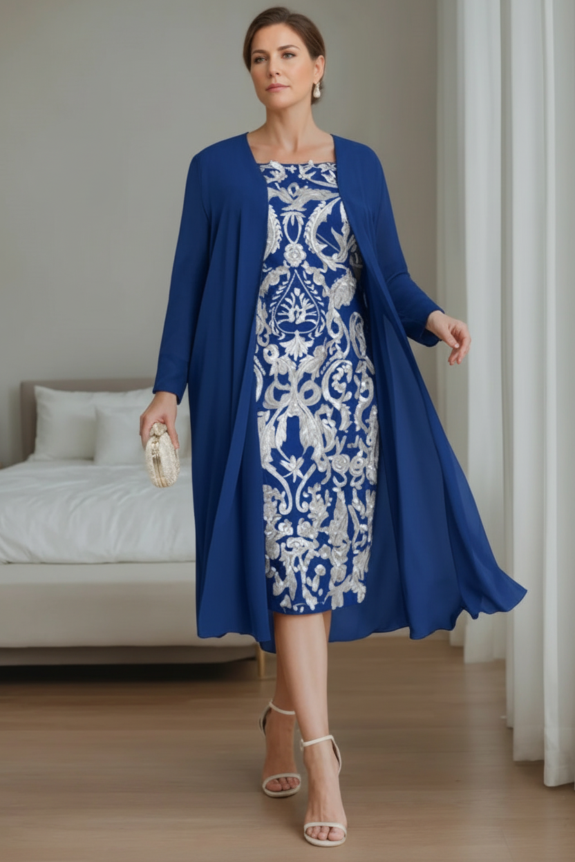 Sheath/Column Off-the-Shoulder 3/4 Length Sleeves Knee-Length Plus Size Mother of the Bride Dresses with Jacket
