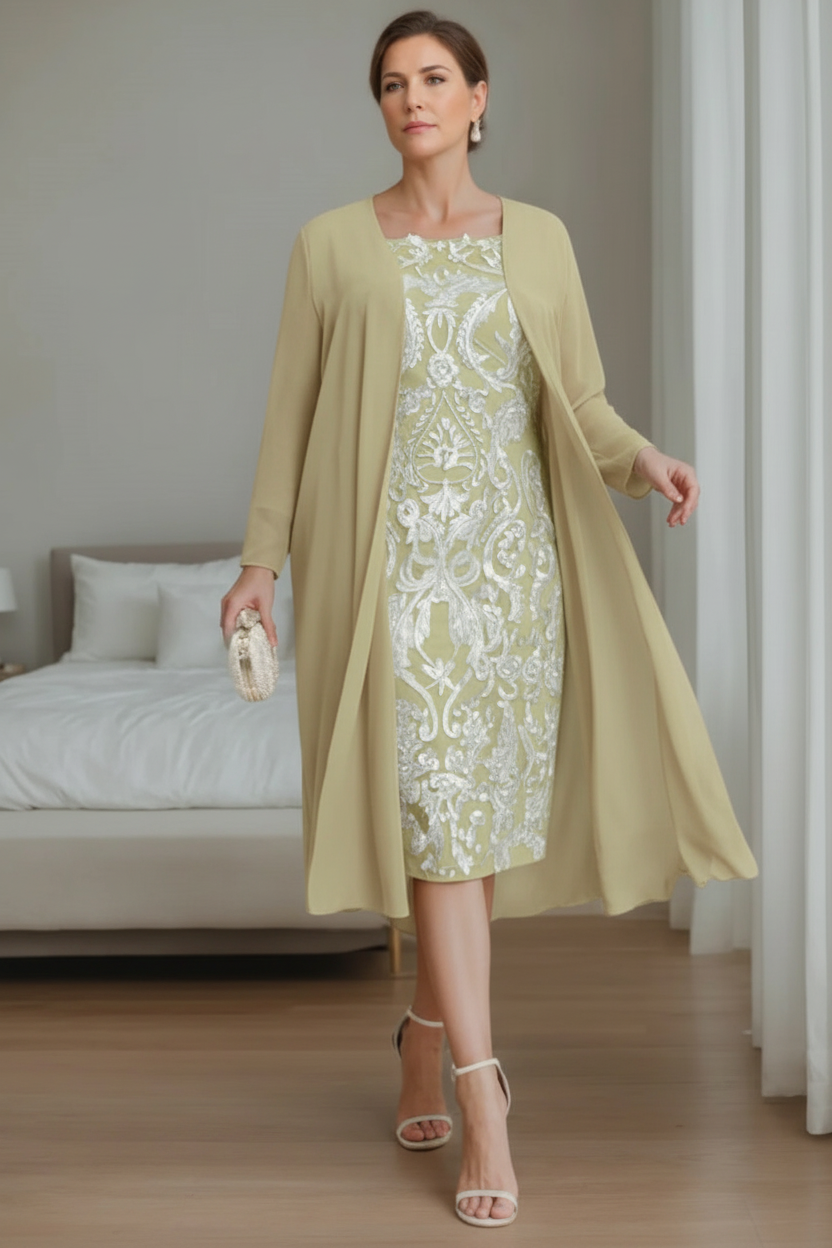 Sheath/Column Off-the-Shoulder 3/4 Length Sleeves Knee-Length Plus Size Mother of the Bride Dresses with Jacket