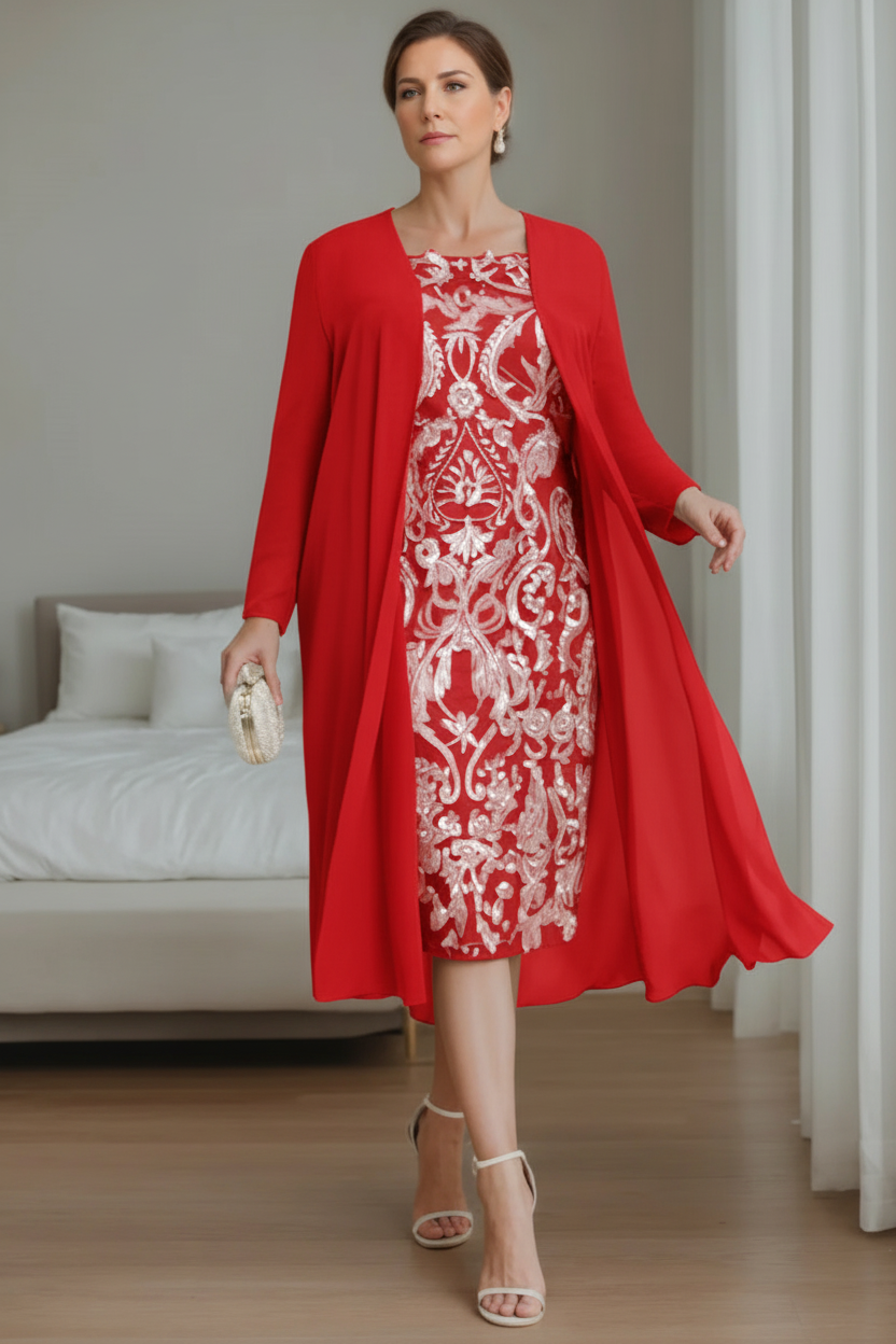 Sheath/Column Off-the-Shoulder 3/4 Length Sleeves Knee-Length Plus Size Mother of the Bride Dresses with Jacket