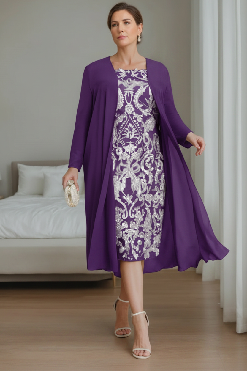 Sheath/Column Off-the-Shoulder 3/4 Length Sleeves Knee-Length Plus Size Mother of the Bride Dresses with Jacket