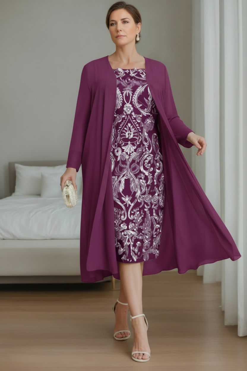 Sheath/Column Off-the-Shoulder 3/4 Length Sleeves Knee-Length Plus Size Mother of the Bride Dresses with Jacket