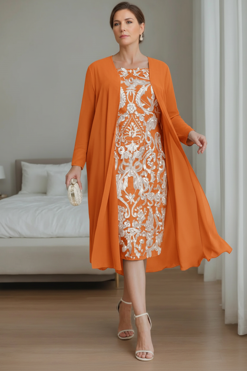 Sheath/Column Off-the-Shoulder 3/4 Length Sleeves Knee-Length Plus Size Mother of the Bride Dresses with Jacket