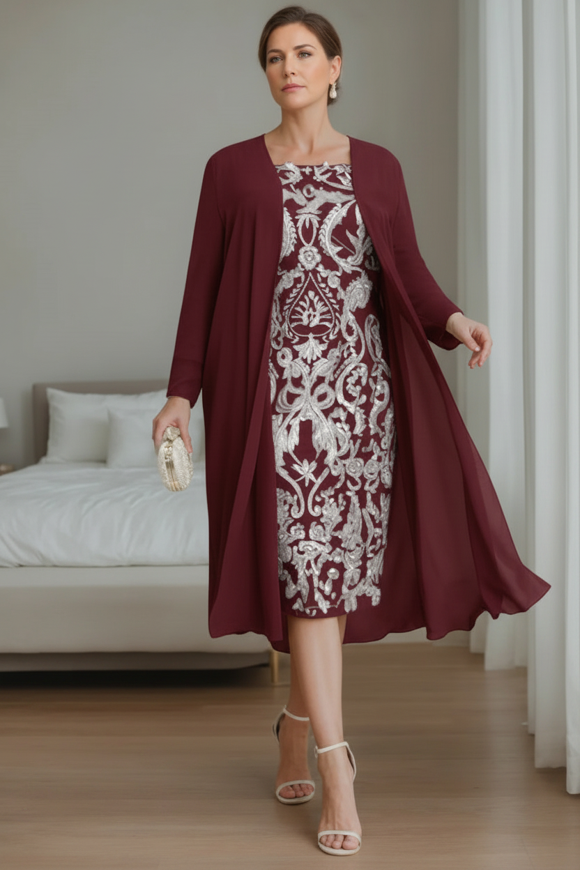 Sheath/Column Off-the-Shoulder 3/4 Length Sleeves Knee-Length Plus Size Mother of the Bride Dresses with Jacket