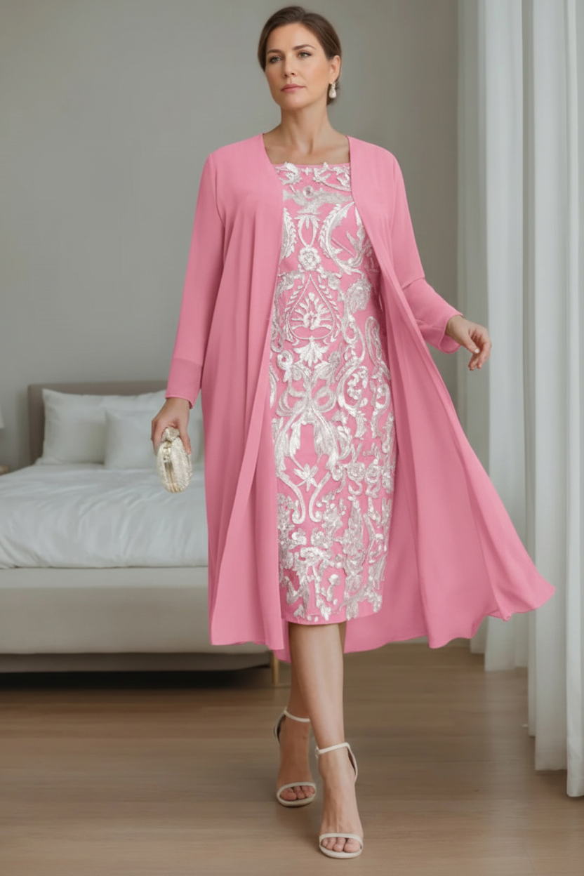 Sheath/Column Off-the-Shoulder 3/4 Length Sleeves Knee-Length Plus Size Mother of the Bride Dresses with Jacket