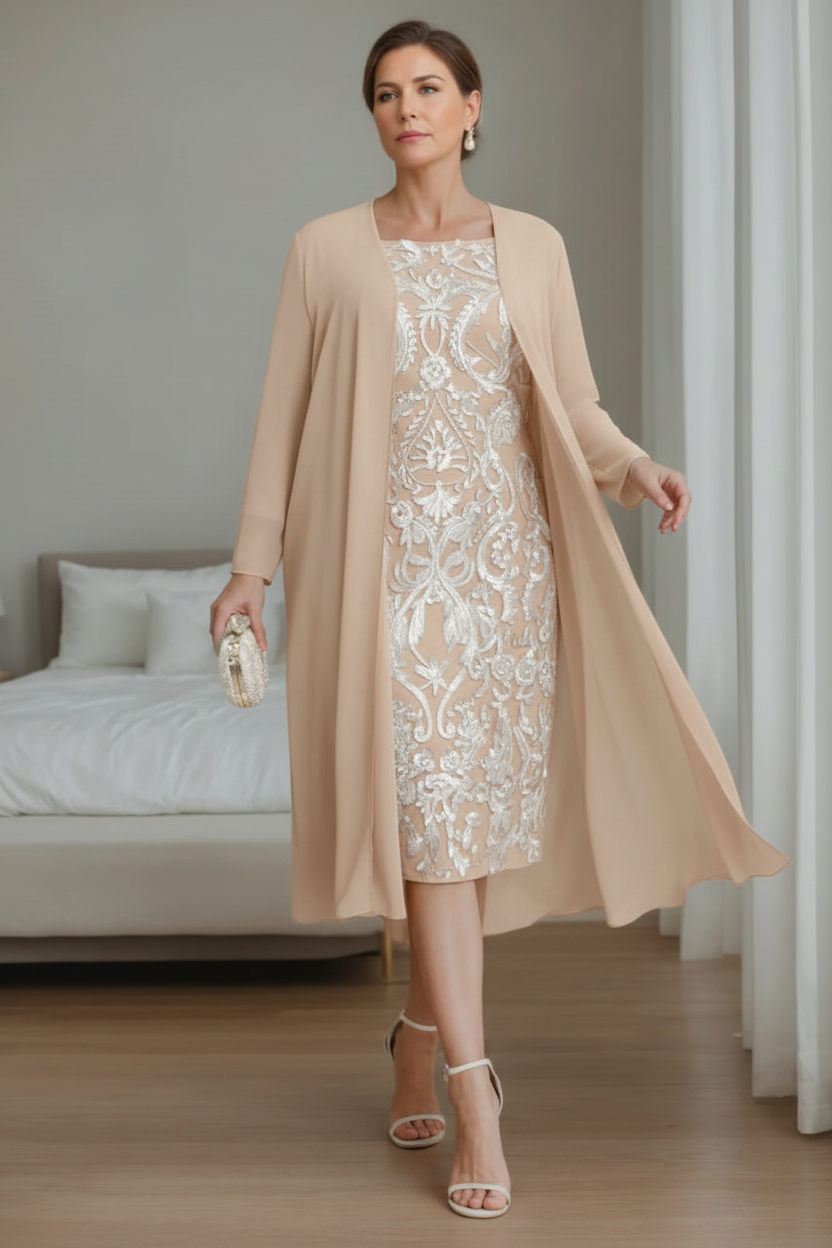 Sheath/Column Off-the-Shoulder 3/4 Length Sleeves Knee-Length Plus Size Mother of the Bride Dresses with Jacket