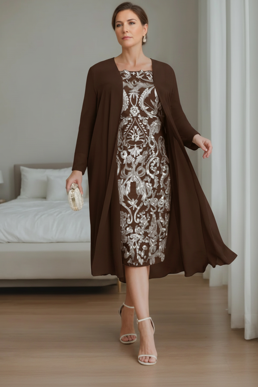 Sheath/Column Off-the-Shoulder 3/4 Length Sleeves Knee-Length Plus Size Mother of the Bride Dresses with Jacket