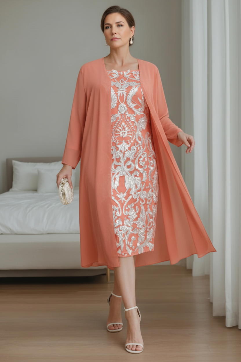Sheath/Column Off-the-Shoulder 3/4 Length Sleeves Knee-Length Plus Size Mother of the Bride Dresses with Jacket