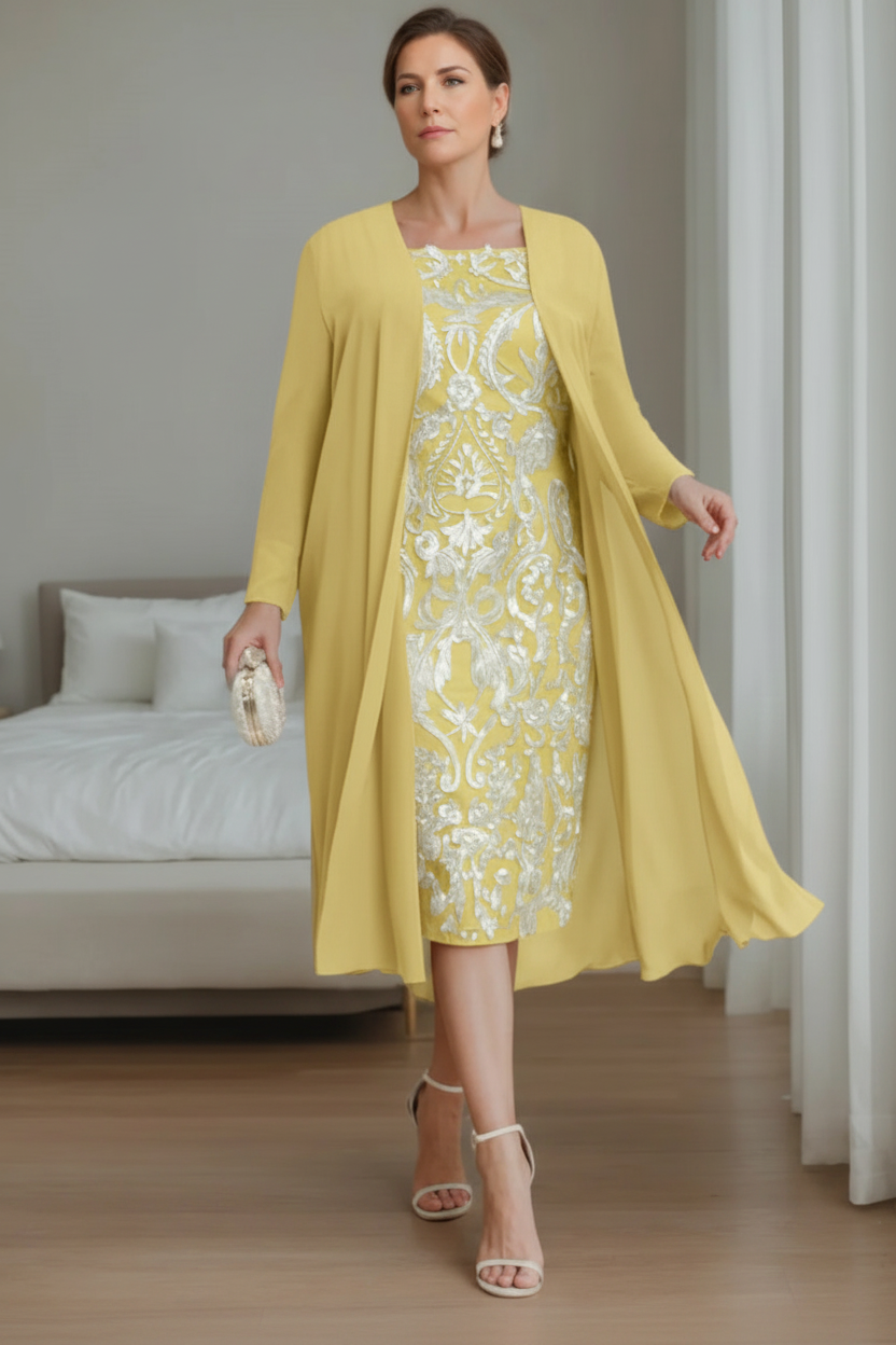 Sheath/Column Off-the-Shoulder 3/4 Length Sleeves Knee-Length Plus Size Mother of the Bride Dresses with Jacket