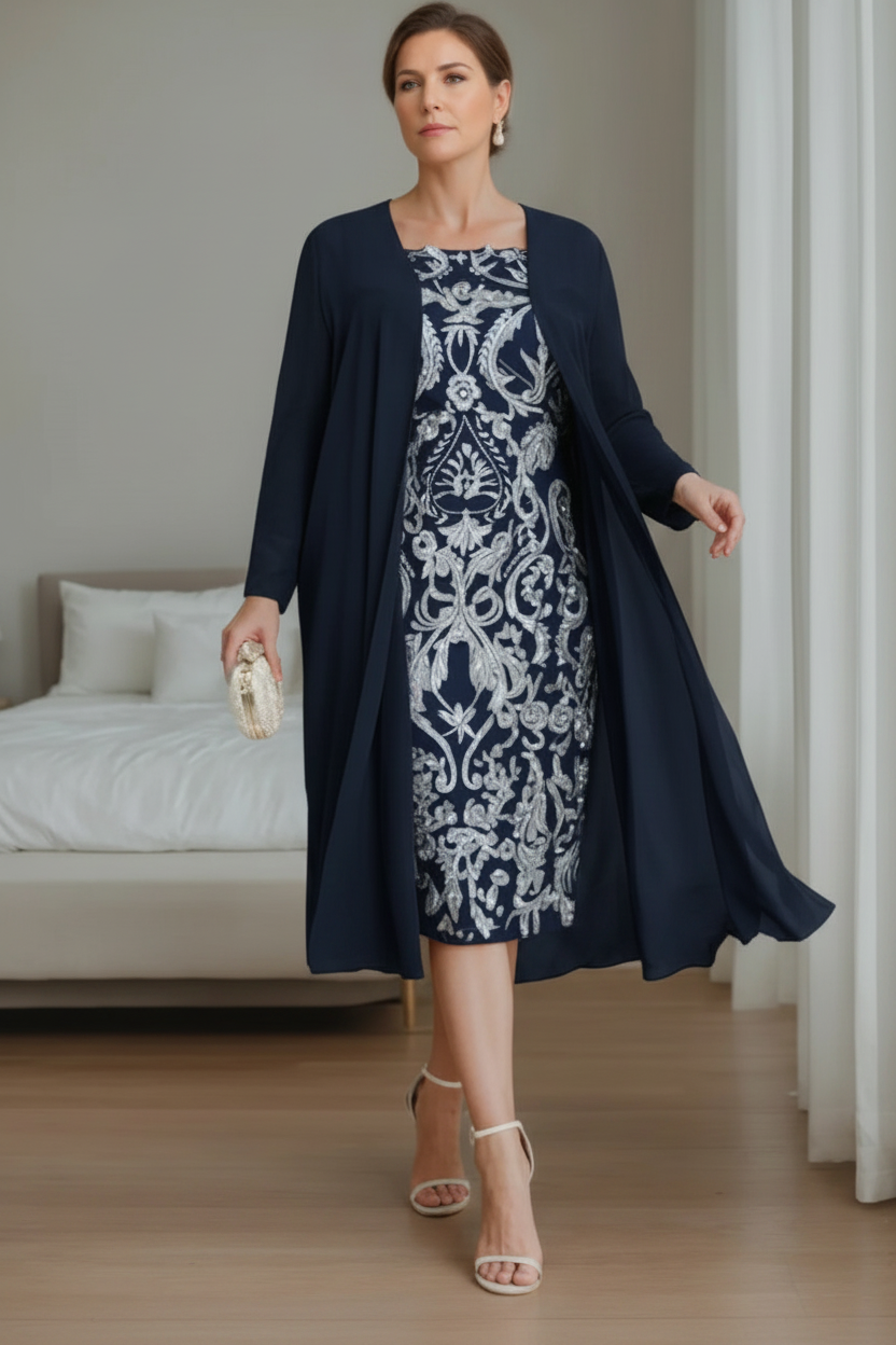 Sheath/Column Off-the-Shoulder 3/4 Length Sleeves Knee-Length Plus Size Mother of the Bride Dresses with Jacket