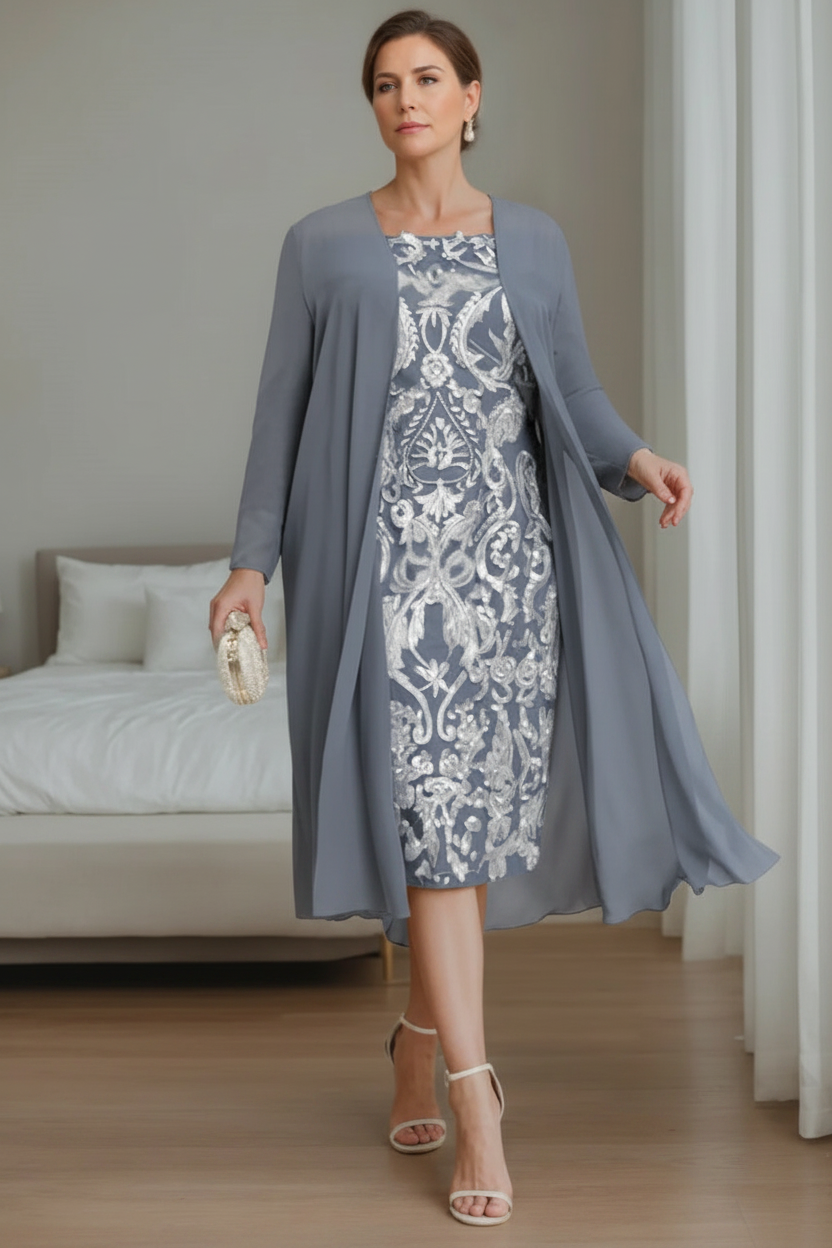 Sheath/Column Off-the-Shoulder 3/4 Length Sleeves Knee-Length Plus Size Mother of the Bride Dresses with Jacket