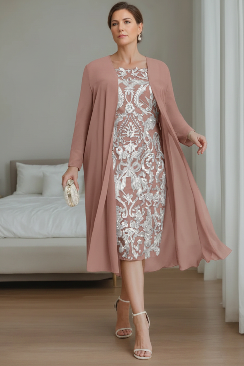 Sheath/Column Off-the-Shoulder 3/4 Length Sleeves Knee-Length Plus Size Mother of the Bride Dresses with Jacket