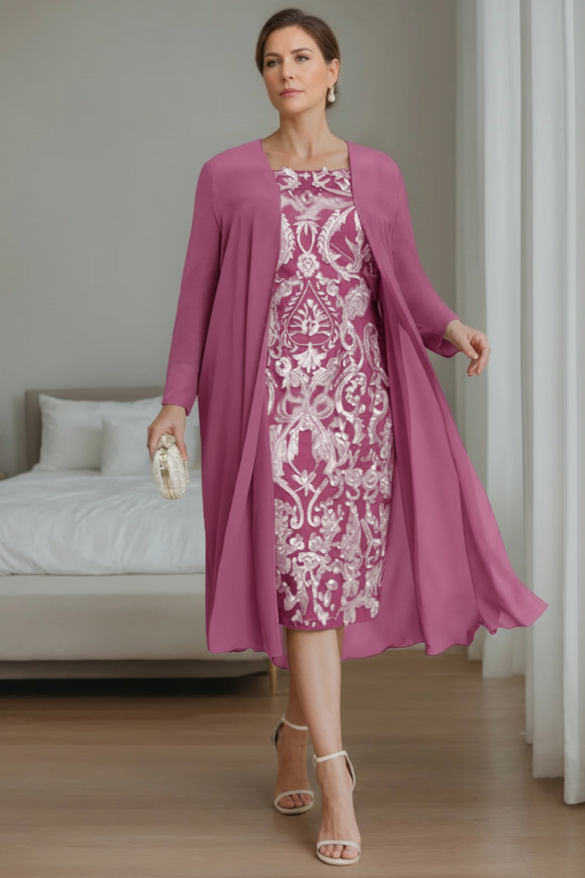 Sheath/Column Off-the-Shoulder 3/4 Length Sleeves Knee-Length Plus Size Mother of the Bride Dresses with Jacket