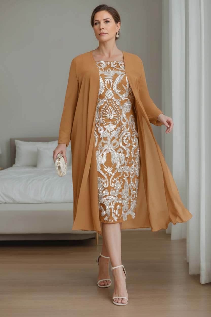 Sheath/Column Off-the-Shoulder 3/4 Length Sleeves Knee-Length Plus Size Mother of the Bride Dresses with Jacket
