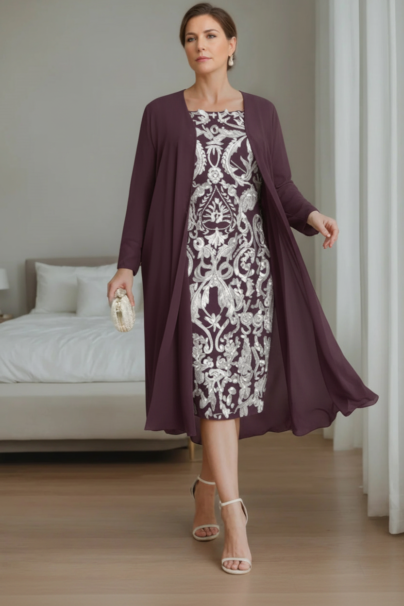 Sheath/Column Off-the-Shoulder 3/4 Length Sleeves Knee-Length Plus Size Mother of the Bride Dresses with Jacket