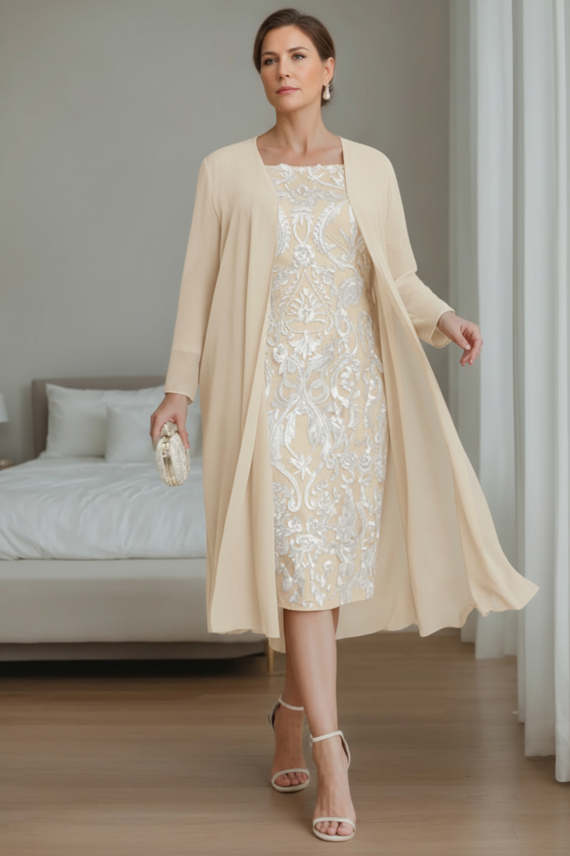 Sheath/Column Off-the-Shoulder 3/4 Length Sleeves Knee-Length Plus Size Mother of the Bride Dresses with Jacket