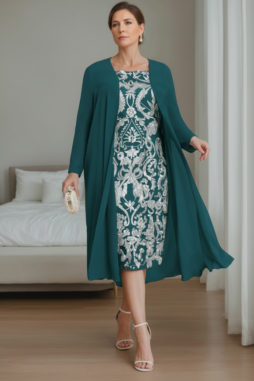 Sheath/Column Off-the-Shoulder 3/4 Length Sleeves Knee-Length Plus Size Mother of the Bride Dresses with Jacket