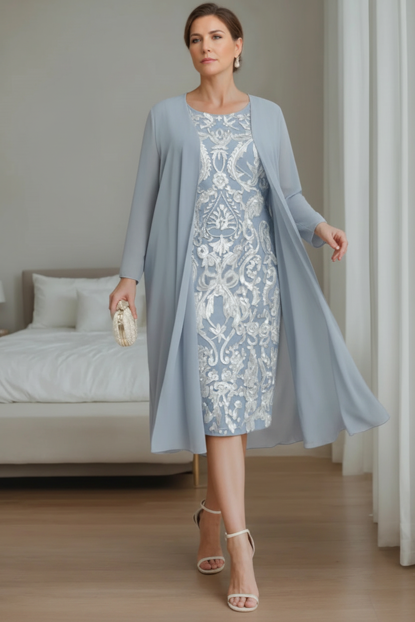 Sheath/Column Off-the-Shoulder 3/4 Length Sleeves Knee-Length Plus Size Mother of the Bride Dresses with Jacket