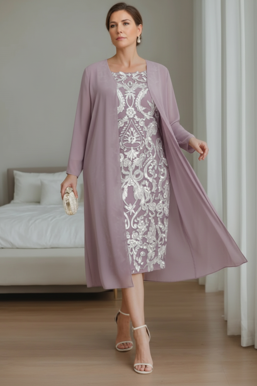 Sheath/Column Off-the-Shoulder 3/4 Length Sleeves Knee-Length Plus Size Mother of the Bride Dresses with Jacket