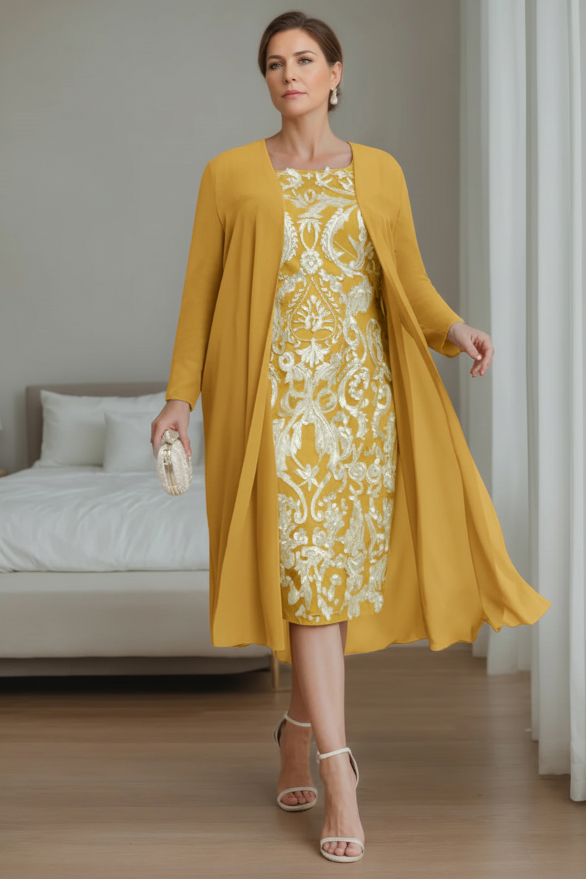 Sheath/Column Off-the-Shoulder 3/4 Length Sleeves Knee-Length Plus Size Mother of the Bride Dresses with Jacket