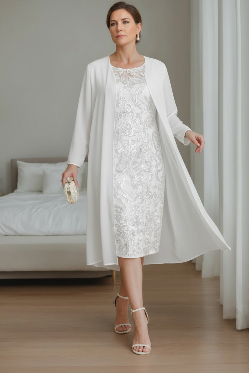 Sheath/Column Off-the-Shoulder 3/4 Length Sleeves Knee-Length Plus Size Mother of the Bride Dresses with Jacket