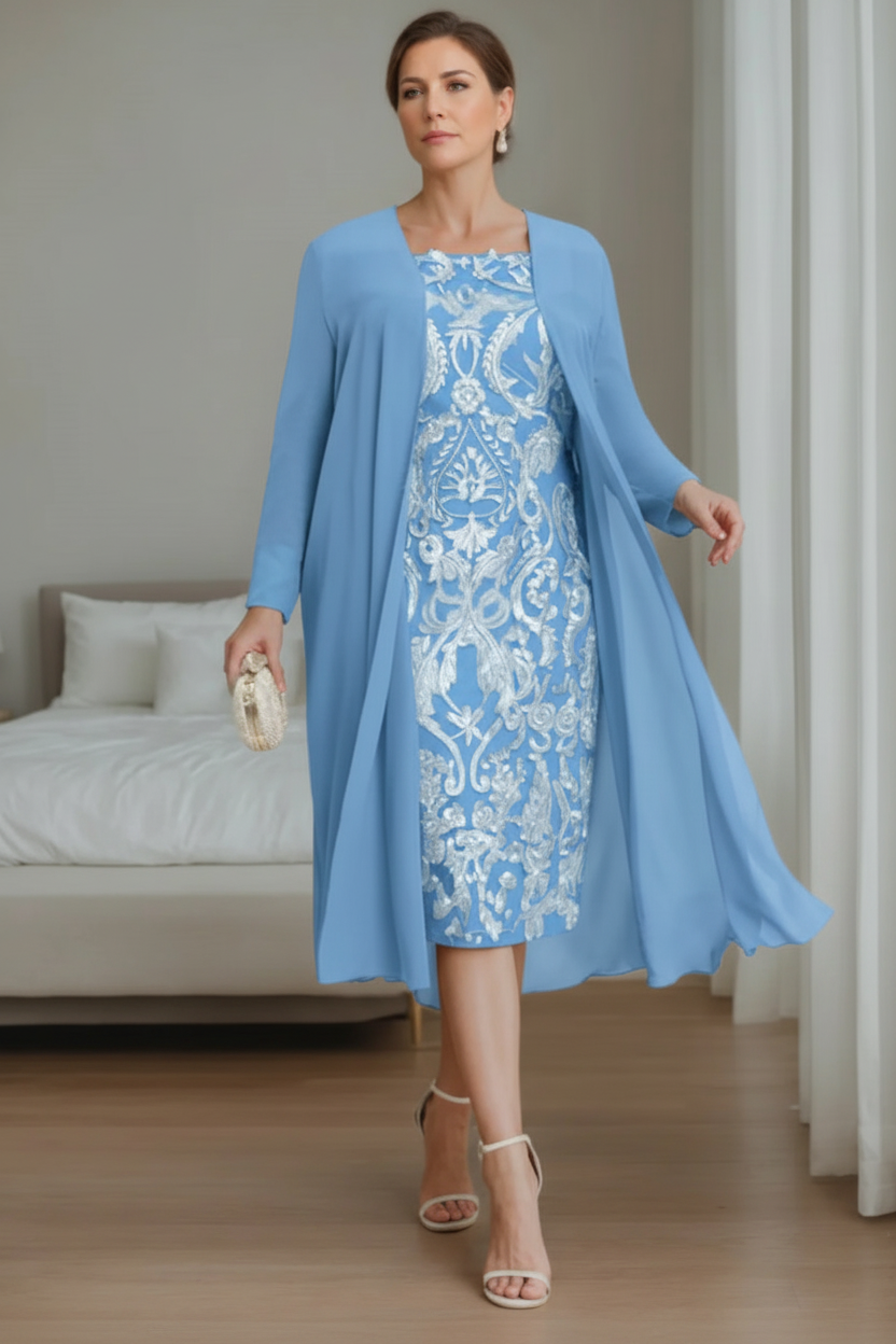 Sheath/Column Off-the-Shoulder 3/4 Length Sleeves Knee-Length Plus Size Mother of the Bride Dresses with Jacket