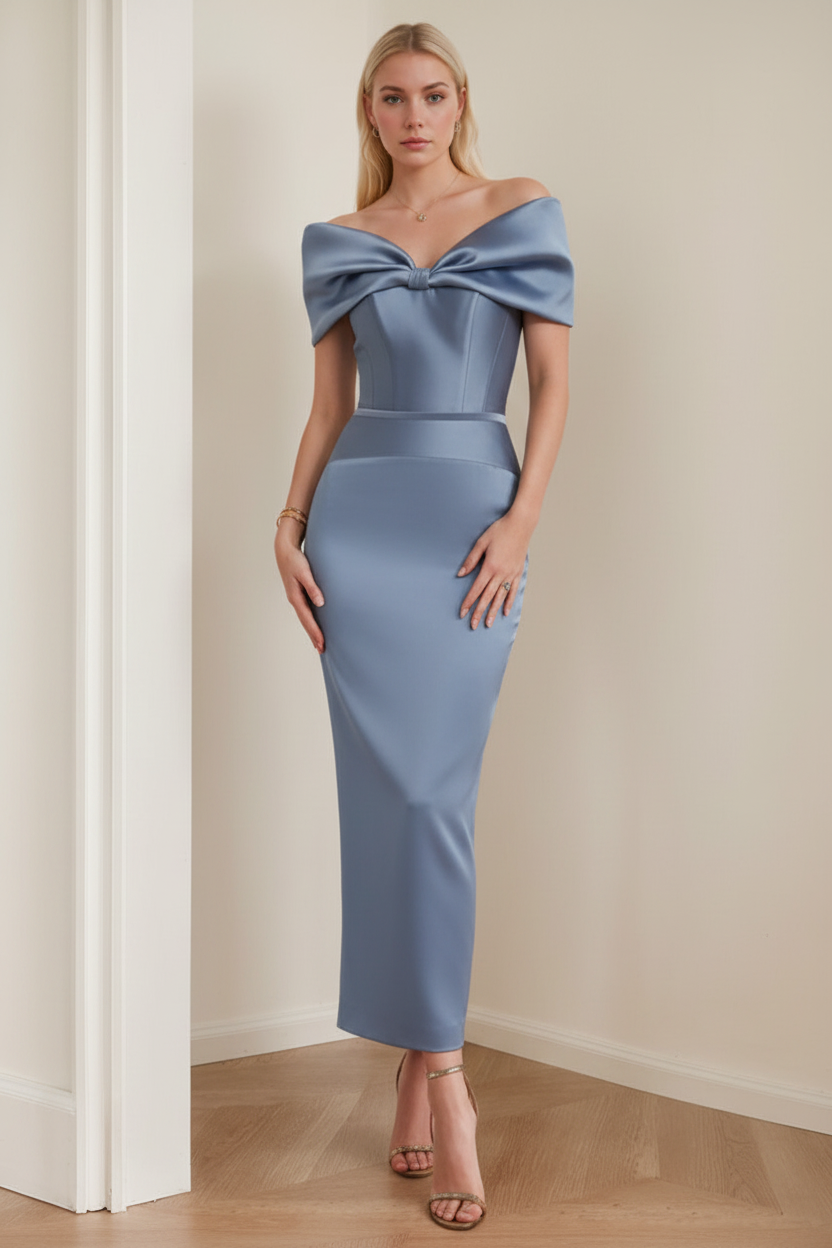 Sheath/Column Off-the-Shoulder Ankle-Length Ruched Cocktail Dresses with Bow