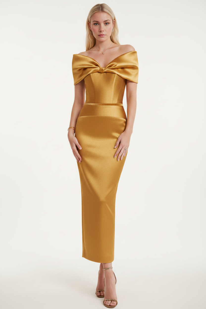 Sheath/Column Off-the-Shoulder Ankle-Length Ruched Cocktail Dresses with Bow
