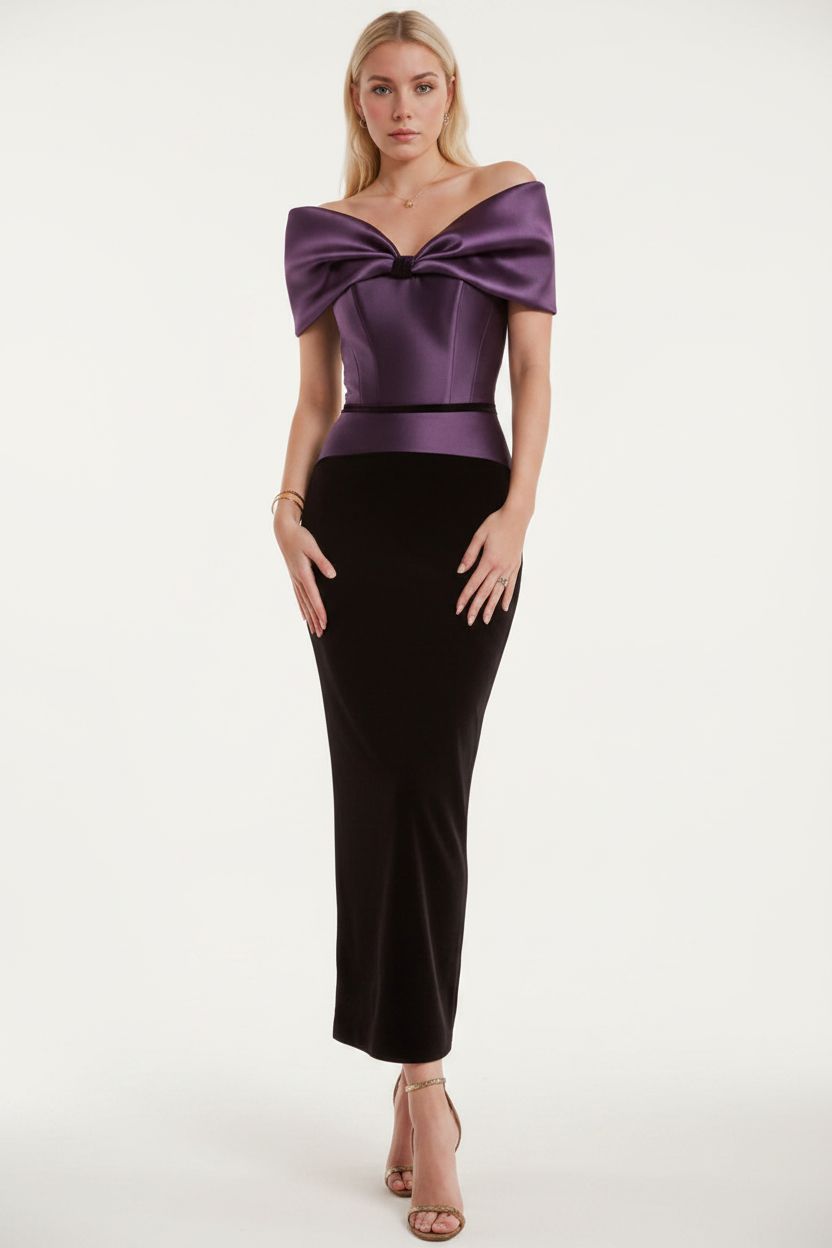 Sheath/Column Off-the-Shoulder Ankle-Length Ruched Cocktail Dresses with Bow