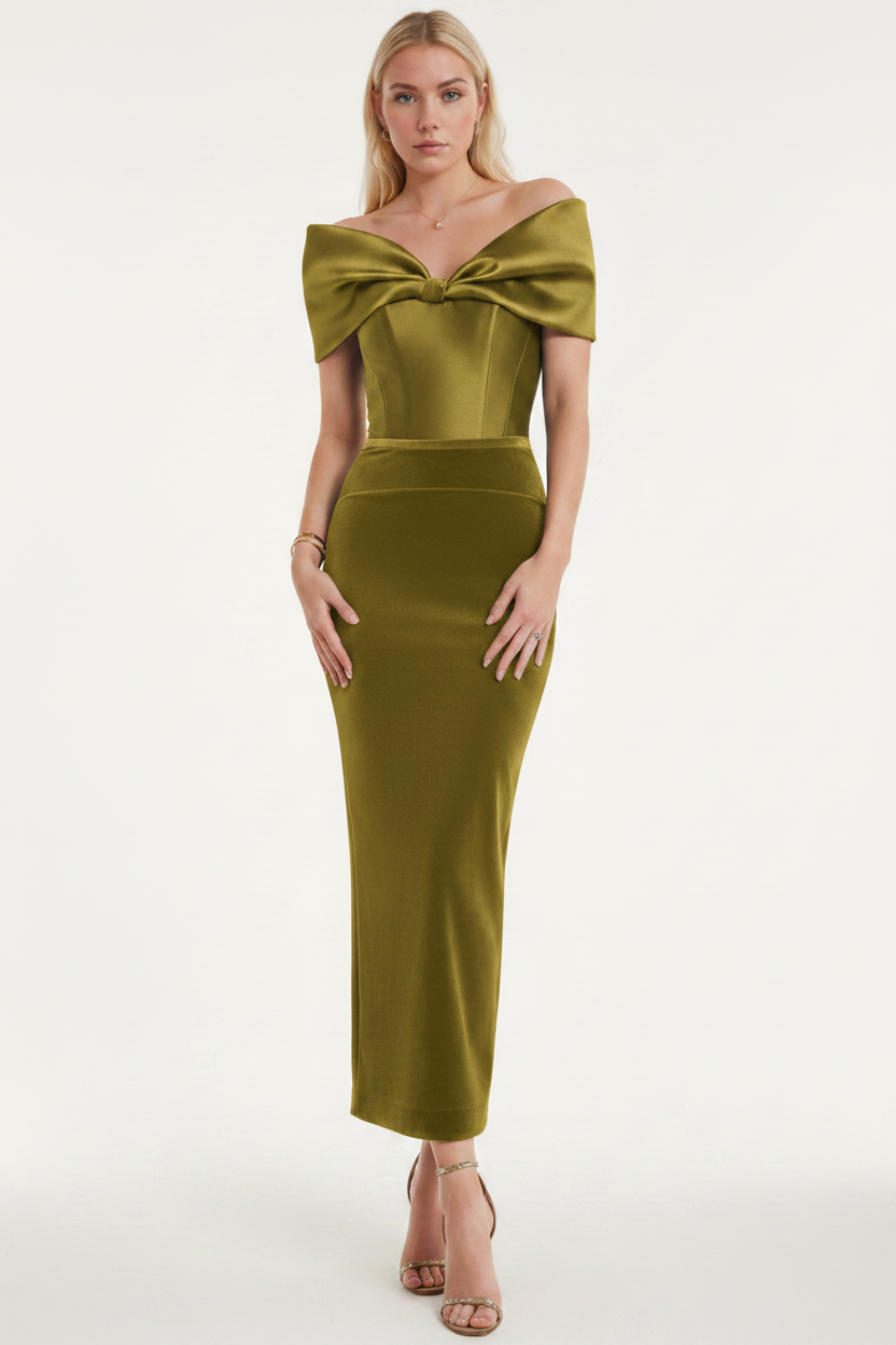 Sheath/Column Off-the-Shoulder Ankle-Length Ruched Cocktail Dresses with Bow