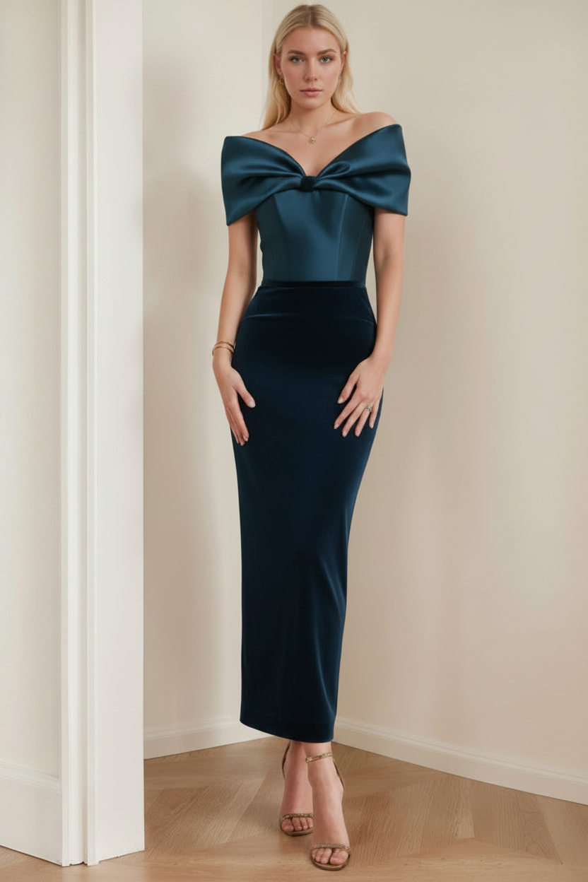 Sheath/Column Off-the-Shoulder Ankle-Length Ruched Cocktail Dresses with Bow
